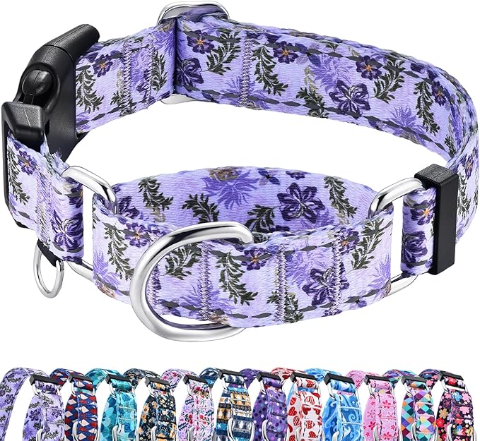 Reflective Martingale Collar for Dogs with Quick Release Buckle Cute Girl Female Flower Dog Collars (Lavender Floral, Small)