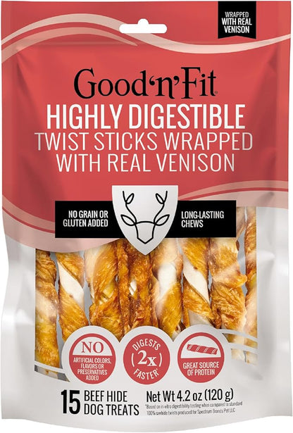 Good ‘n’ Fit Twist Sticks Made with Real Venison, 15 Count, Treat Your Dog to Long-Lasting and Highly Digestible Rawhide Chews