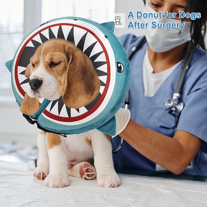 Dog Cone Inflatable Widen Dog Neck Donut Collar, Soft Cone Alternative After Surgery for Large Medium Small Dogs to Stop Licking (Blue Shark, Large)