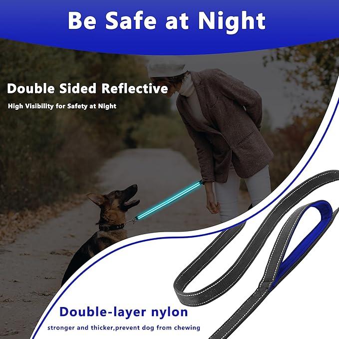 Dog Leash 6ft Long, Double Handle Dog Leash for Safety Control Training, Heavy Duty Dog Leads with Traffic Padded Handles, Reflective Leashes for Small Medium Large Dogs(6ft, Black Blue)