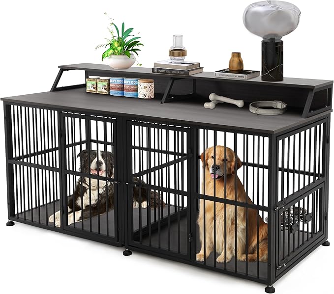 72 Inch Dog Crate Furniture for 2 Dogs, Wooden Dog Kennel Furniturewith Storage Shelf & Bowls, Heavy Duty Dual Dog Kennel End Table, Sturdy Dog Cage Furniture Dog Crate with Divider