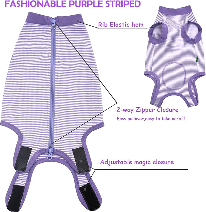 Dog Recovery Suit Purple Female Spay Surgical Small Shirt, Male Surgery Recovery Suit,Purple-White Striped S