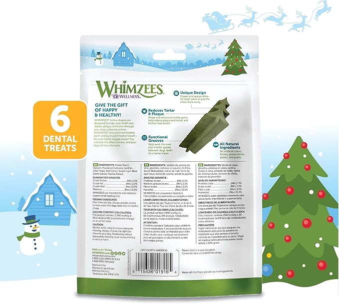 Whimzees by Wellness Holiday Natural Grain Free Dental Chews for Dogs, Medium Breed, 6 Count (Pack of 2)