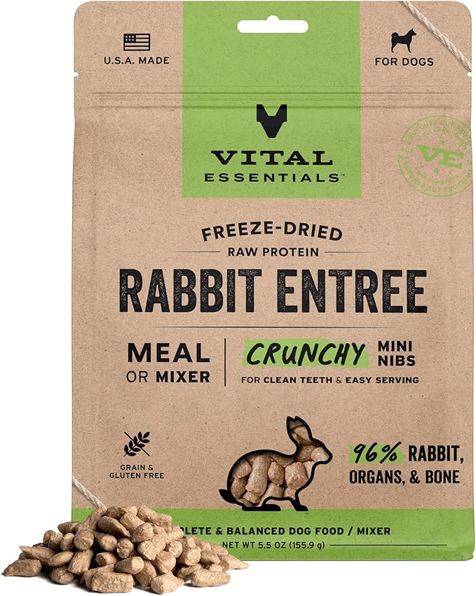 Vital Essentials Freeze Dried Dog Food, Raw Rabbit Crunchy Mini Nibs | Complete Meal or Topper | 96% Rabbit, Organs & Bone | Limited Ingredient, High Protein, Grain Free Dry Dog Food | 5.5 oz Bag