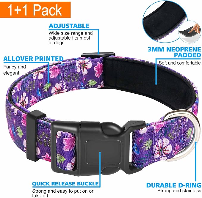 Ladoogo Reflective Dog Collar Padded with Soft Neoprene Breathable Adjustable Nylon Dog Collars for Small Medium Large Dogs (Large (Pack of 1), Purple/Pink Floral Collar+Leash)