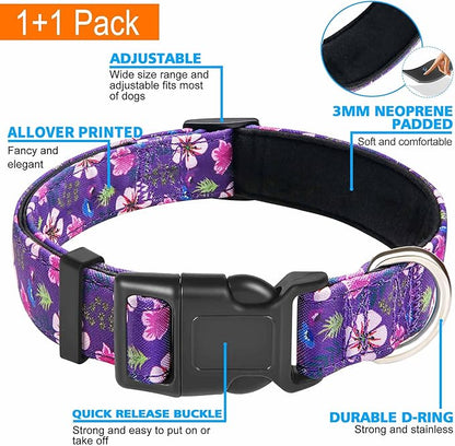Ladoogo Reflective Dog Collar Padded with Soft Neoprene Breathable Adjustable Nylon Dog Collars for Small Medium Large Dogs (X-Small (Pack of 1), Purple/Pink Floral Collar+Leash)