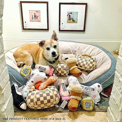 Haute Diggity Dog Chewy Vuiton Handbag Plush Squeaky Dog Toy, Soft Durable Designer-Inspired Stuffed Puppy Chew Toys for Small, Medium & Large Dogs, Machine-Washable (Tan Checker) XL