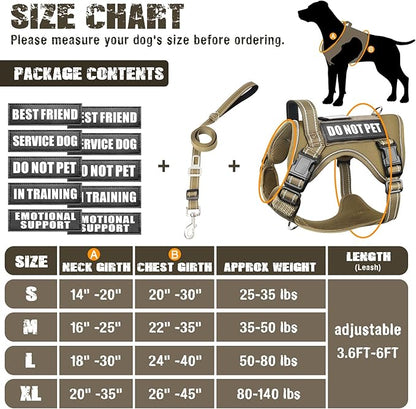 Tactical Dog Harness and Leash Set for Large Dogs,Heavy Duty No Pull Service Dog Vest and 10 Patches with Dog Seat Belt,Reflective Adjustable Pet Harness for Training Walking Hiking Brown XL
