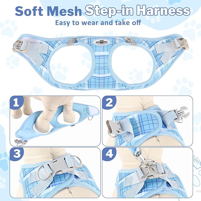 Gyuzh Dog Harness and Leash Set for Puppies - 3 Pieces Step in No Pull Vest & Collar, Extra Small Kitten Harness, Breathable Reflective Plaid, Padded Leash (Blue, S)