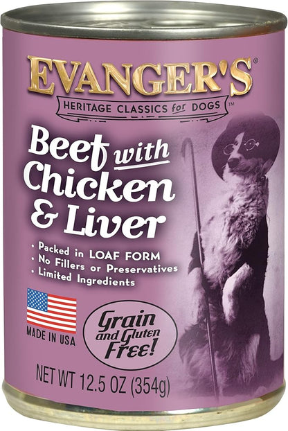 Evanger's Heritage Classic Beef with Chicken & Liver Dog Food – 12 Count, 12.5 oz Each – Loaf Style Recipe with Proteins – Wet Dog Food – Grain & Gluten Free