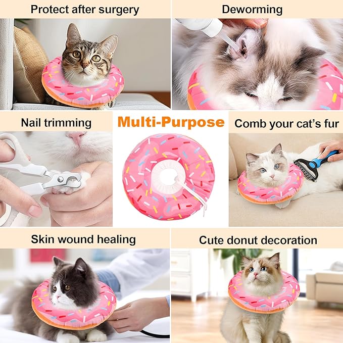 Cat Cone Collar Soft, Comfortable Cat Donut Collar After Surgery, Adjustable Elizabethan Recovery Collars & Cones to Stop Licking, Lightweight Neck Collar Soft Cone for Cats Kitten (Pink, Small)