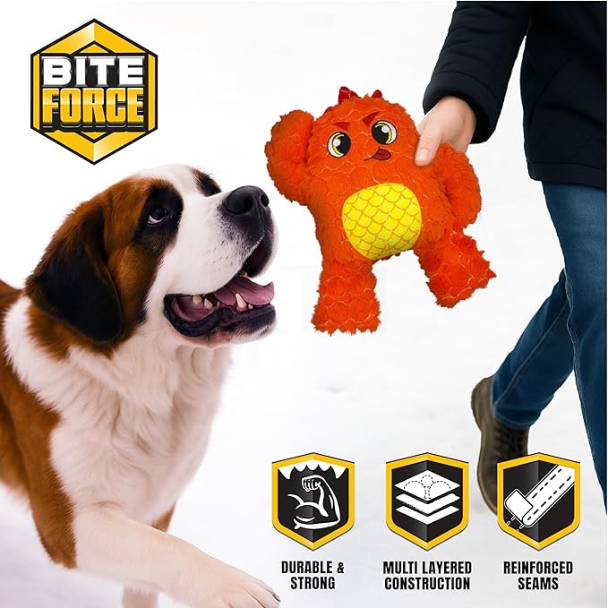 Bite Force Dog Toy - Large Durable & Strong Plush Orange Monster Dog Toy, Kevlar-Reinforced for Aggressive Chewers