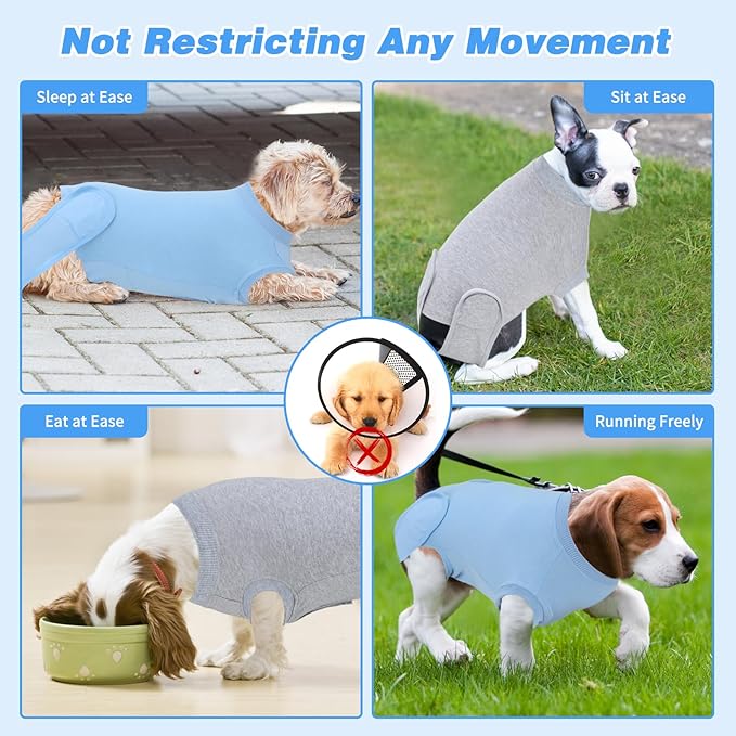 2 Packs Breathable Cotton Dog Recovery Suit for After Neuter Spay Abdominal Wounds Protector, Professional Anti-Licking Onesies for Male Female Pets Surgery Bandages, L Grey Blue Pure
