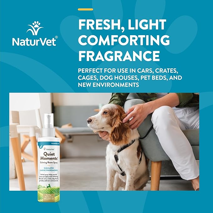NaturVet Quiet Moments Herbal Calming Room Spray Dog Supplement - Ideal for Cars, Dog Crates, New Environments - Helps Reduce Pet Stress, Storm Anxiety, Motion Sickness - 8 Oz.