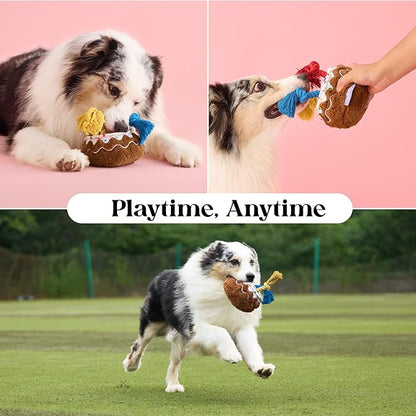 LE SURE Dog Birthday Cake Toy - Cute Squeaky Dog Birthday Toy for Gentle Chewers with Interactive Tug Rope, Plush Interactive Toy for Adult Dogs Birthdays Party, Standard, Milk Chocolate