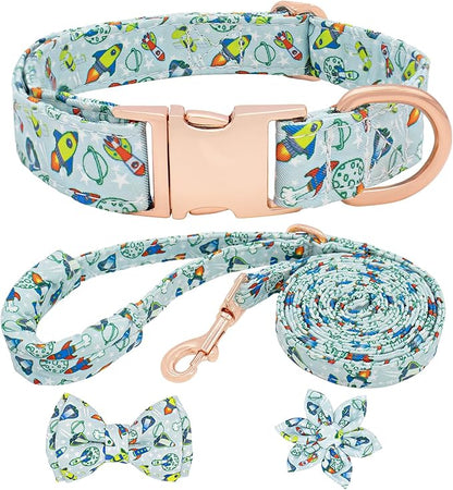 Dog Collar and Leash Set Adjustable Girls Puppy Floral Collars with Bow Tie for Small Medium Large Dogs(XS, Rocket)