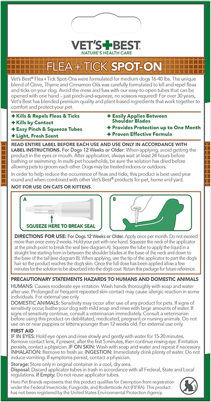 Vet's Best Topical Flea & Tick Treatment for Dogs 16-40lbs, 4 Month Supply