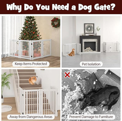 Giantex Dog Gate with Door - 30''H × 80''W Wooden Pet Gate with Walk Through Door, Foldable Freestanding 4 Panels Pet Safety Fence Extra Wide for Doorway Stairs House Deck Yard, White