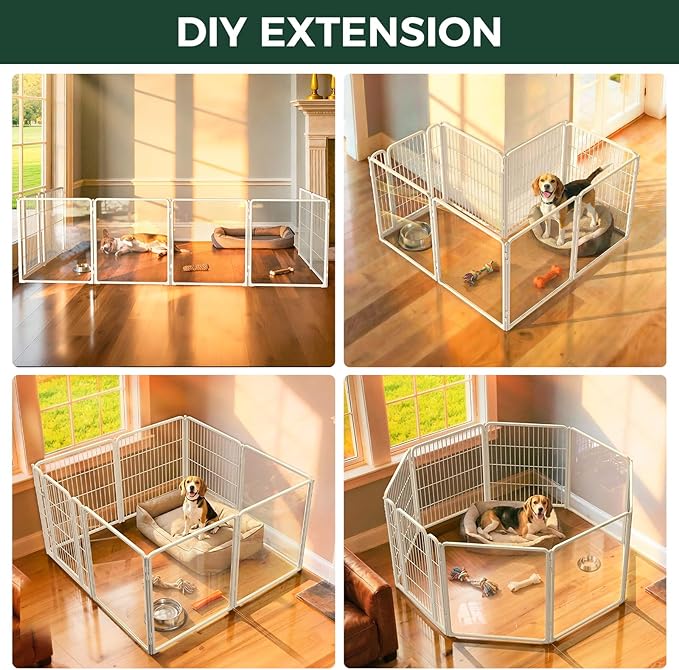 FXW AuraSpace Pro Acrylic & Wire Mesh Indoor Dog Playpen, 32" Height 8 Panels Metal Dog Pen for Small and Medium Dogs, White│Patented