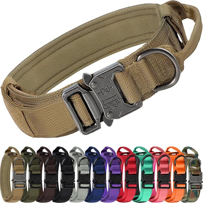 Joytale Tactical Dog Collar with Handle and Metal Buckle, Heavy Duty Padded Military Collar with 2 Patches for Training, Adjustable for Medium Dogs, Khaki, M