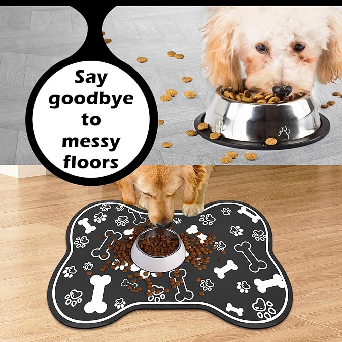 Voanos Dog Cat Food Mat,Rapid AbsorbentPet Feeding Mat, Bone Shaped Dog Placemat Water Bowl Mat with Rubber Backing,No Stains Dog Cat Food Mats Indoor, Pet Accessories Supplies 12""x18"" Black