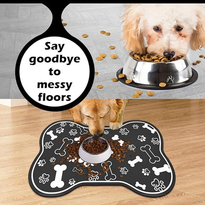 Dog Cat Food Mat,Rapid Absorbent Pet Feeding Mat, Bone Shaped Dog Placemat Water Bowl Mat with Rubber Backing,No Stains Dog Cat Food Mats Indoor, Pet Accessories Supplies 23"x36" Black