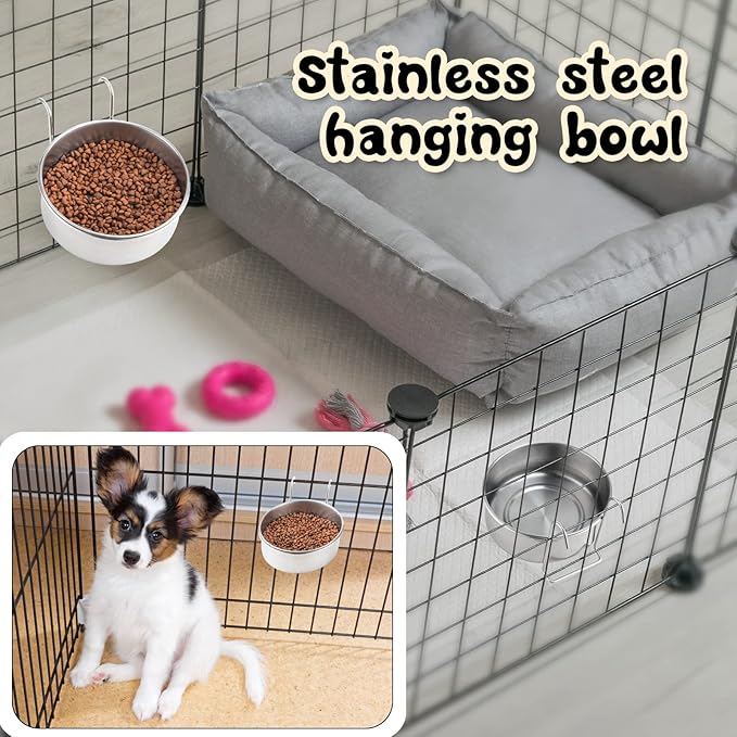 mumufy 6 Pieces Stainless Steel Hanging Water Bowls with Holder Detached Anti Spill Pet Metal Bowl Cage Kennel Crate Food Bowl(30 oz)