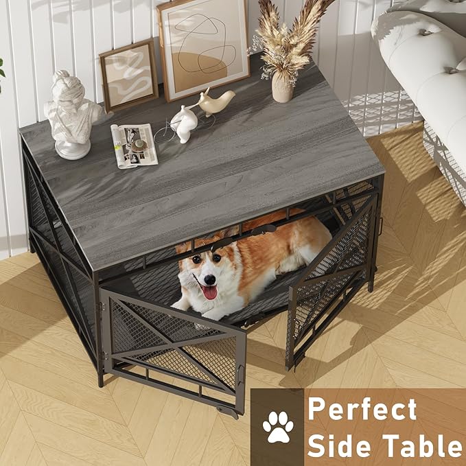 Dog Crate Furniture, Wooden Dog Kennel Table, Heavy Duty Large Indoor Dog House with Three Doors, 43" Large Size (Grey)