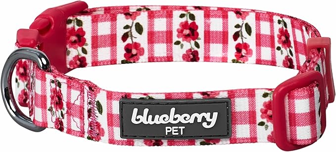 Blueberry Pet Spring Scent Inspired Dainty Flower Dog Collar, Pink Check, Adjustable Dog Collar for Medium Dogs, Size Medium, Neck 14.5-20"