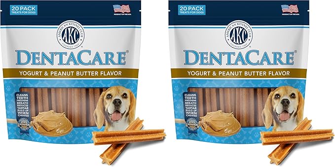 AMERICAN KENNEL CLUB Dentacare Yogurt and Peanut Butter Dental Dog Treats, Naturally Flavored, Good for Dog Dental Health, 20 Count (Pack of 2)