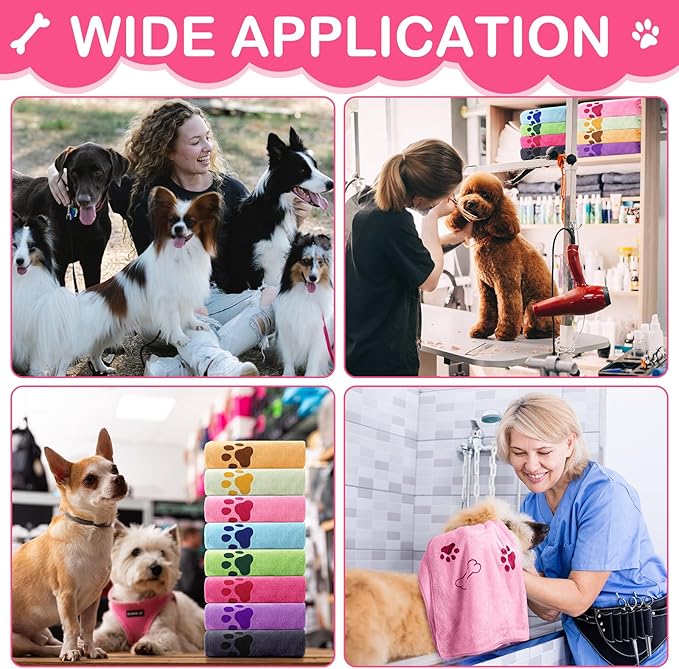 Chumia 8 Pcs Dog Towels for Drying Dogs Cats Pet Towels Bulk Puppy Microfiber Fast Drying Paw Bath Bathing Supplies Absorbent for Medium Pets(40 x 24 Inch,Dog Paw and Bone,Sweet Color)