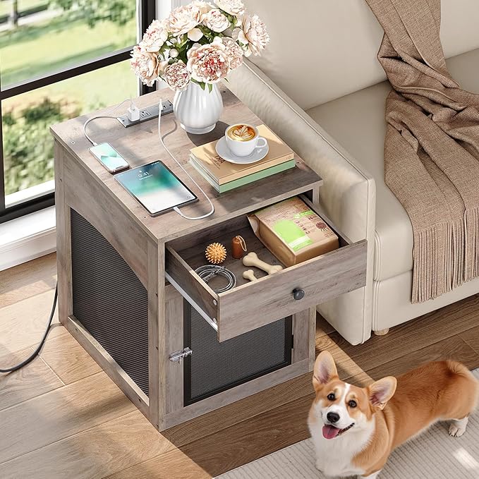HOOBRO Dog Crate Furniture, Dog Kennel with Drawer and Charging Station, Indoor Decorative Puppy House, Wooden Pet Crate End Table for Small Dogs, Greige and Black BG58UGW03G1