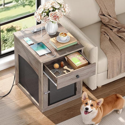 HOOBRO Dog Crate Furniture, Dog Kennel with Drawer and Charging Station, Indoor Decorative Puppy House, Wooden Pet Crate End Table for Small Dogs, Greige and Black BG58UGW03G1