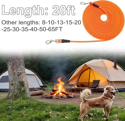 20FT Dog Tie Out Leash, Long Tether 15ft 30ft 50ft 65ft Nylon Rope Check Cord for Medium Large Dogs Indoor/Outdoor Playing Camping Backyard (Orange, 3/8")