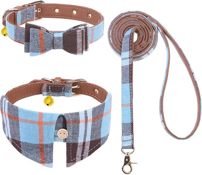 EXPAWLORER Classic Plaid Dog Collar with Bow Tie and 360 Swivel No Tangle Leash - Adjustable for Small Medium Dogs, Cats, Sky Blue SM