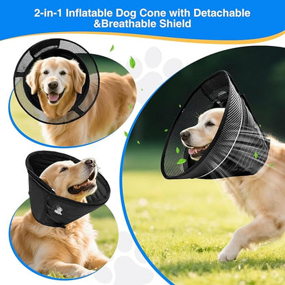 Inflatable Dog Cone for Dogs After Surgery,Soft Adjustable Elizabethan Collar for Medium Dogs,2-in-1 Dog Cone with Detachable Shield,Anti-Anxiety Comfortable Pet E-Collar Prevents Licking Wounds(M)