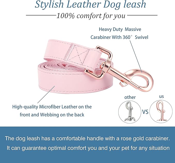 Dog Collar and Leash Set.Soft and Easy to Clean Vegan Leather with Rose Gold Metal Buckle for Small Medium Large Dogs (Pink, S(12.2"-16.9"))