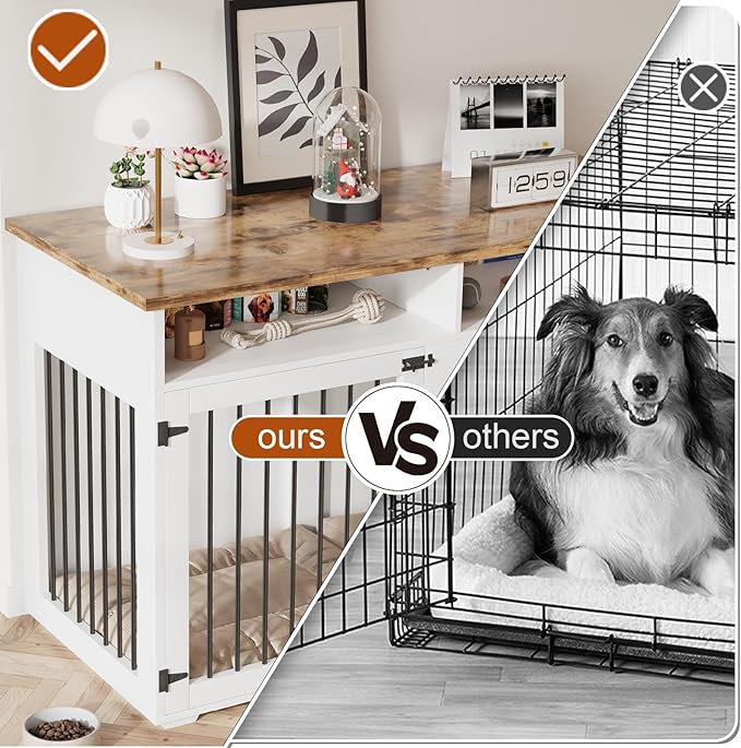 55'' Dog Crate Furniture for 2 Dogs, Wooden Dog Cage with Storage Compartment, Indoor Dog Kennel with 2 Doors for Large/Medium Dogs, White