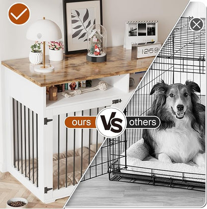 55'' Dog Crate Furniture for 2 Dogs, Wooden Dog Cage with Storage Compartment, Indoor Dog Kennel with 2 Doors for Large/Medium Dogs, White
