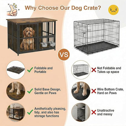 Hadulcet Foldable Dog Crate Furniture, No Assembly Indoor Dog Kennel with Storage Top, Wooden Dog Crate Table for Small to Medium Dogs, 27.55” Furniture Style Dog Cage with 2 Bowls Rustic Brown