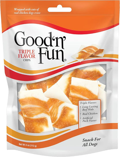 Good'n'Fun Triple Flavor Chips, Dog Chew Treats, Premium Chicken and Beef Hide Treats for Dogs, 4 oz