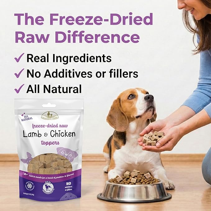 Fieldcrest Farms Freeze-Dried Raw Lamb & Chicken Dog Food Toppers or Treats, All Natural, Real Ingredients, No Additives or Fillers, Protein & Flavor Boost, 12 oz