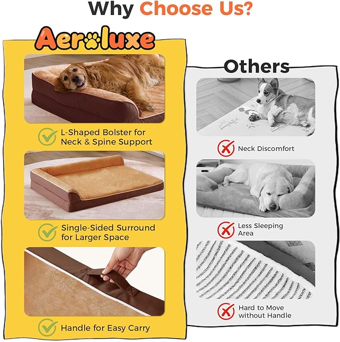 Dog Bed Large Sized Dogs, Orthopedic Dog Bed for Large Dogs, Waterproof Pet Bed with Washable Removable Cover, L-Shaped Pet Couch with Portable Handle 36"x27"x6.5", Brown