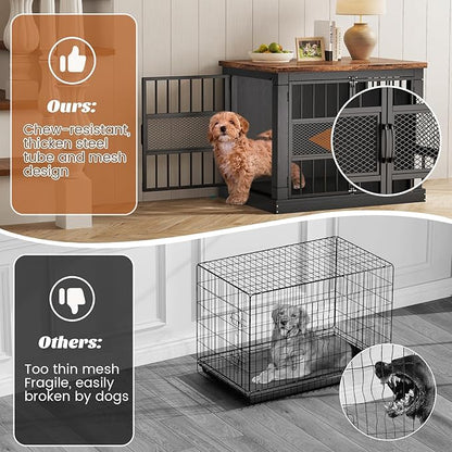 VOPEAK 27.5" Dog Crate Furniture, Chew Resistant Dog Crate for Small Dogs Puppy, Heavy Duty Dog Crates Dog Kennel Cage Indoor with Double Doors, Wooden End Table for Bedroom Living Room, Black