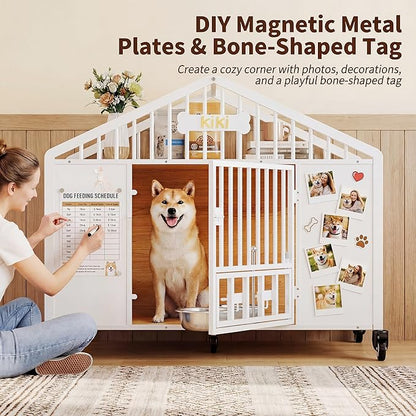 IRONCK 41.3" Dog Crate Furniture with 2 DIY Frame, Heavy Duty Pet Crates with 2 Rotatable Dog Bowls & Name Tag, Decorative Roof Shape Dog Kennel Indoor with 5 Wheels for Medium Dogs, White