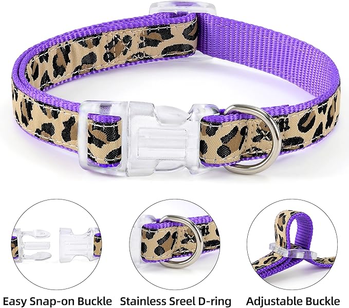 Mile High Life Leopard Dog Harness Collar Leash Set, Adjustable No Pull Dog Halter Harness for Small Breed Dogs, Easy Control for Training Walking (Purple, M Chest 15"-21", Neck 13"-17")