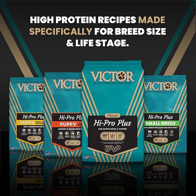 VICTOR Super Premium Dog Food – Hi-Pro Plus Dry Kibble – High Protein Dog Food with 30% Protein – Beef, Chicken, Pork, Fish Meals, Gluten Free - for High Energy and Active Dogs & Puppies, 15lbs