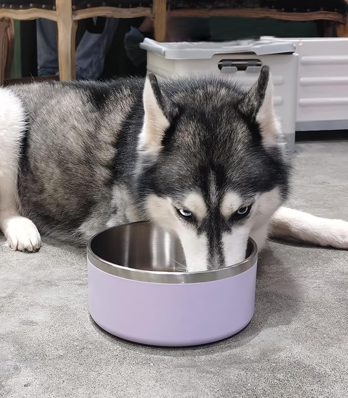 WENBOKMIN Dog Bowl, Stainless Steel Dog Food and Water Bowl with Non Slip Quiet Bottom, Easy to Clean, Dishwasher Safe, 64oz, Light Purple