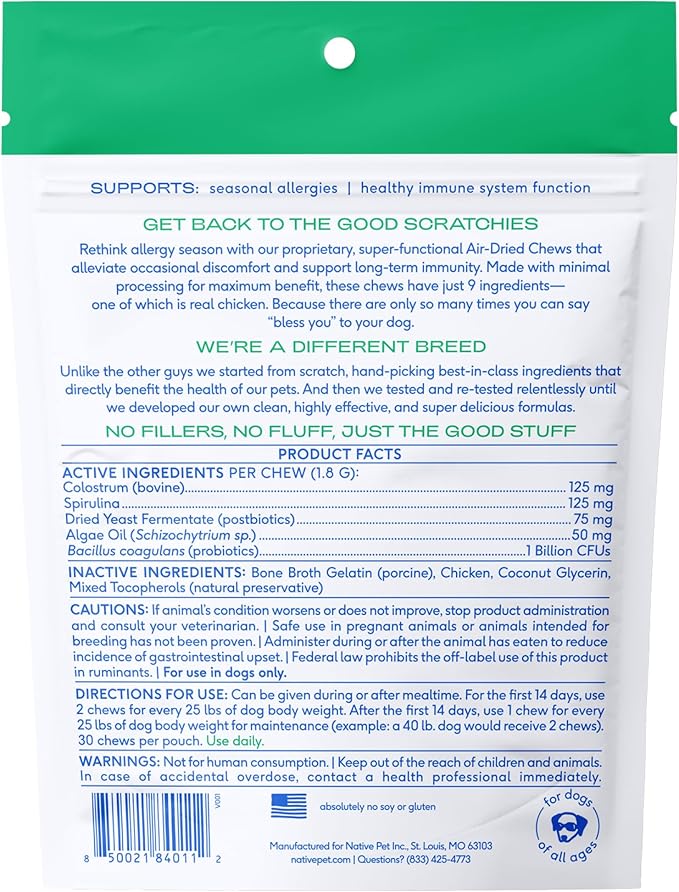 Native Pet Dog Allergy Chews - Dog Allergy Relief for Small Breeds - Supports Seasonal Itch Relief, Healthy Immune Function & Reduces Sneezing - Colostrum, Spirulina, & Probiotics - 30 Days Supply