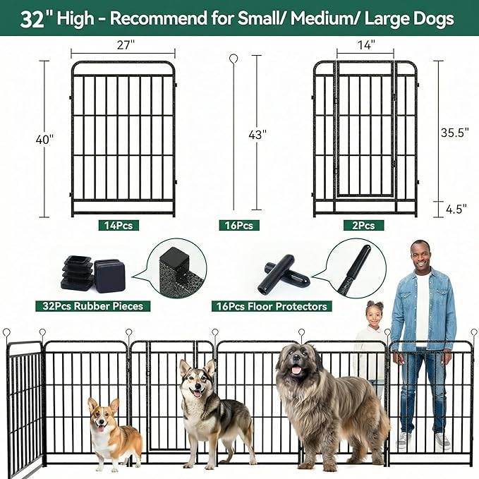 Dog Playpen Outdoor 16 Panels 32'' Rustproof Metal Dog Fence with Gate Small Medium Portable Large Dog Play Pen 36FT, 96 Sq.ft for RV Camping, Trips, Play Yard